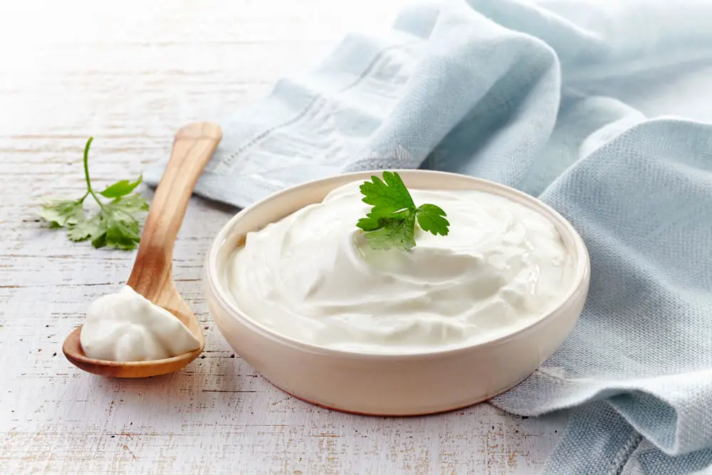 closeup view of sour cream in a small white bowl