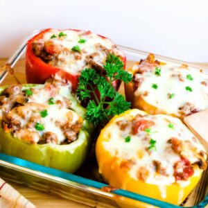 spam stuffed bell peppers with cheesy tomato glaze